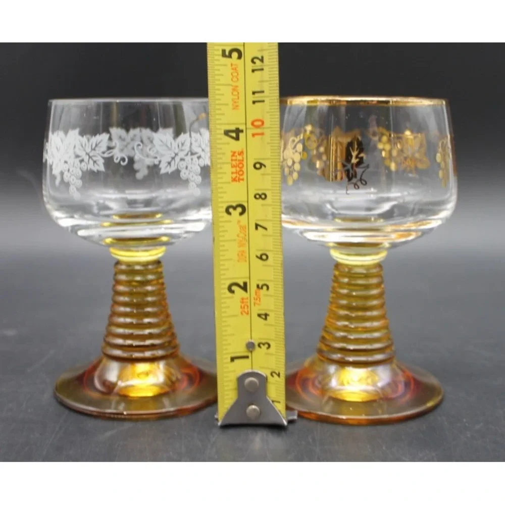 Vintage Romer Cordial Glasses Amber Beehive Stem Gold White Floral Set of 2